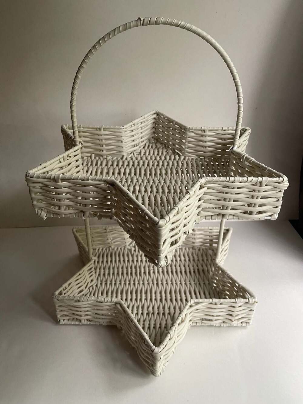 White Wicker Star 2-Tier Basket with Handle